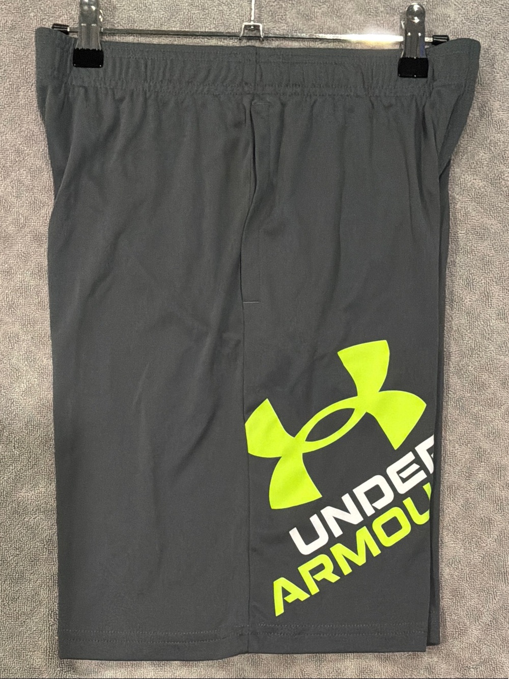 Under Armour Gray Athletic Shorts with Neon Yellow-Green Logo